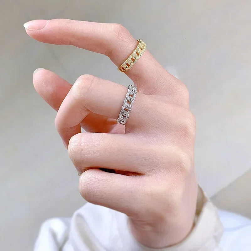 SpringLady y 925 Sterling Silver Female Rings Gold Bling Hip Hop Punk Ring Cuban Link Chain Wedding For Women 250109