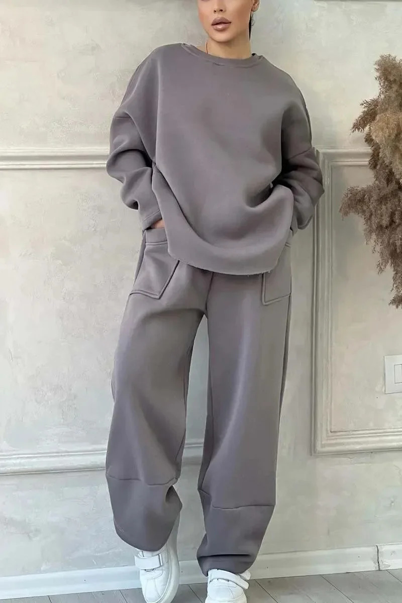 Two Piece Pant Sets Women Full Sleeve Sweatshirts Round Neck Straight Long Pants Suits Solid Spliced Thick Autumn Winter 250106