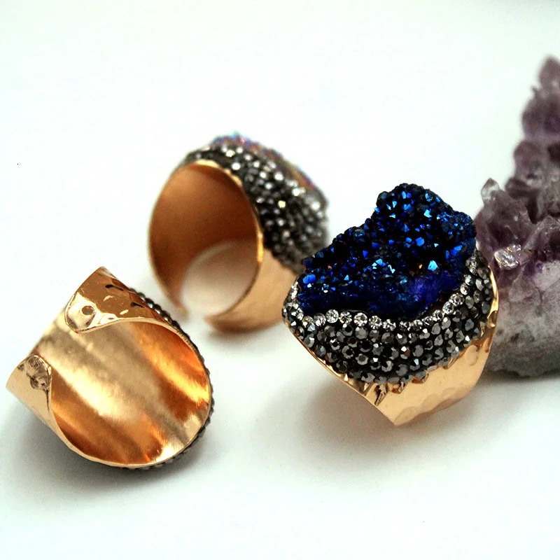 Natural Cluster Druzy Ring Shiny Color Women Adjustable Open Ring Punk Style Wide Size Orginal Stone 250106