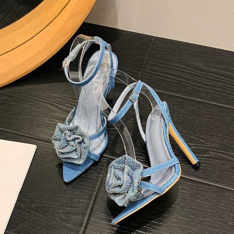 Summer Fashion Crystal Flower Women's 11.5CM Thin High Heels Gladiator Sandals Sexy Pointed Toe Wedding Banquet Shoes Blue 250110