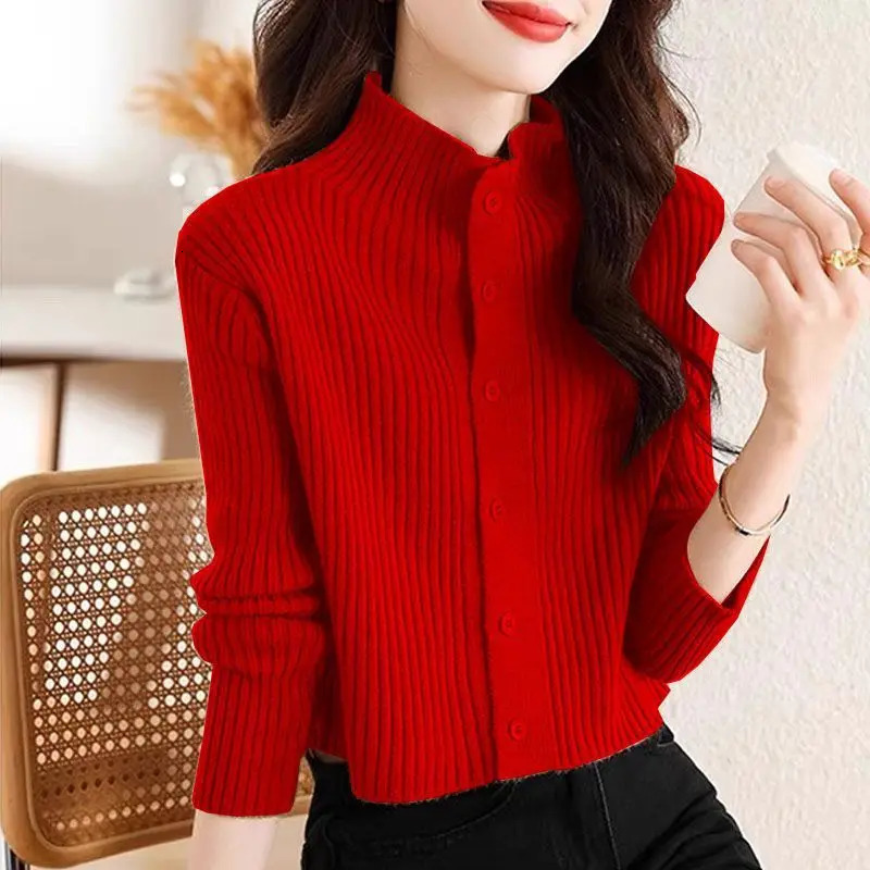 Spring Autumn Short Knitted Cardigan Jacket Women Stand Collar Long Sleeve Sweater Coat Casual Cardigan Sweater Solid Female Top 250106