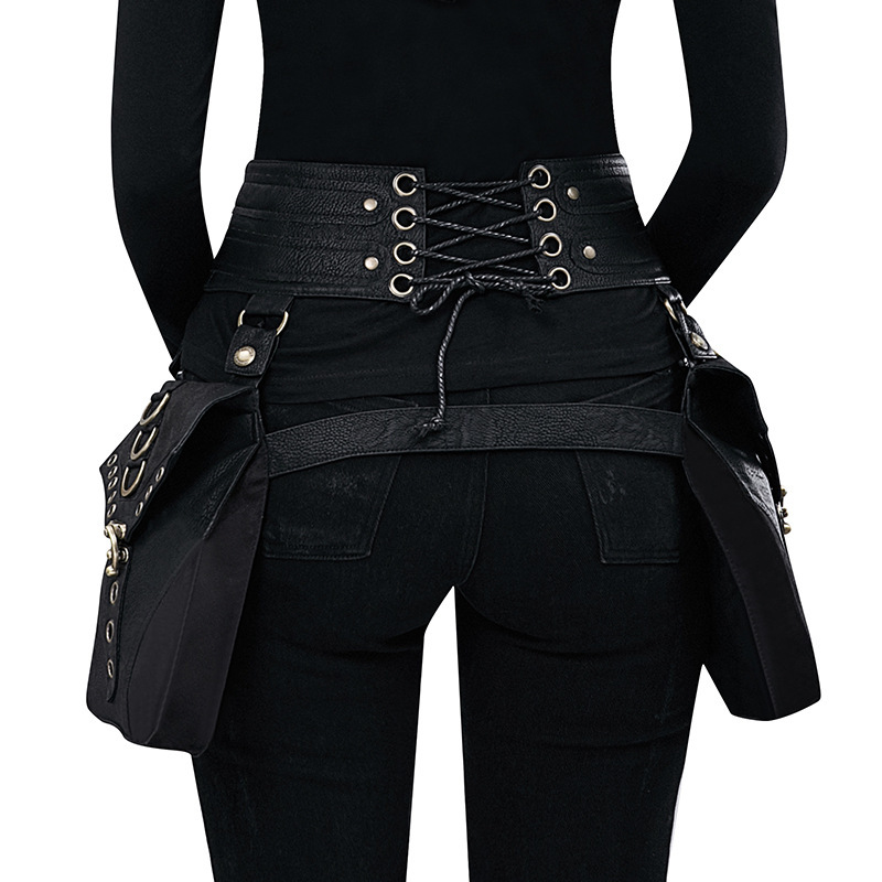 Fashion Punk Black Fanny Pack For Women Retro Exaggerate PU Leather Outdoor Riding Travel Wallet Waist Accessories Belt Bag
