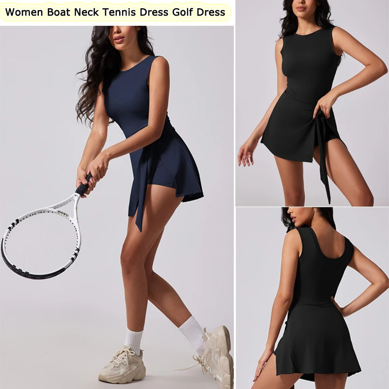VITALINOVO Tennis Dress for Women with Built in Shorts Womens Athletic Dresses Sleeveless Boat Neck Active Workout Skort 250106