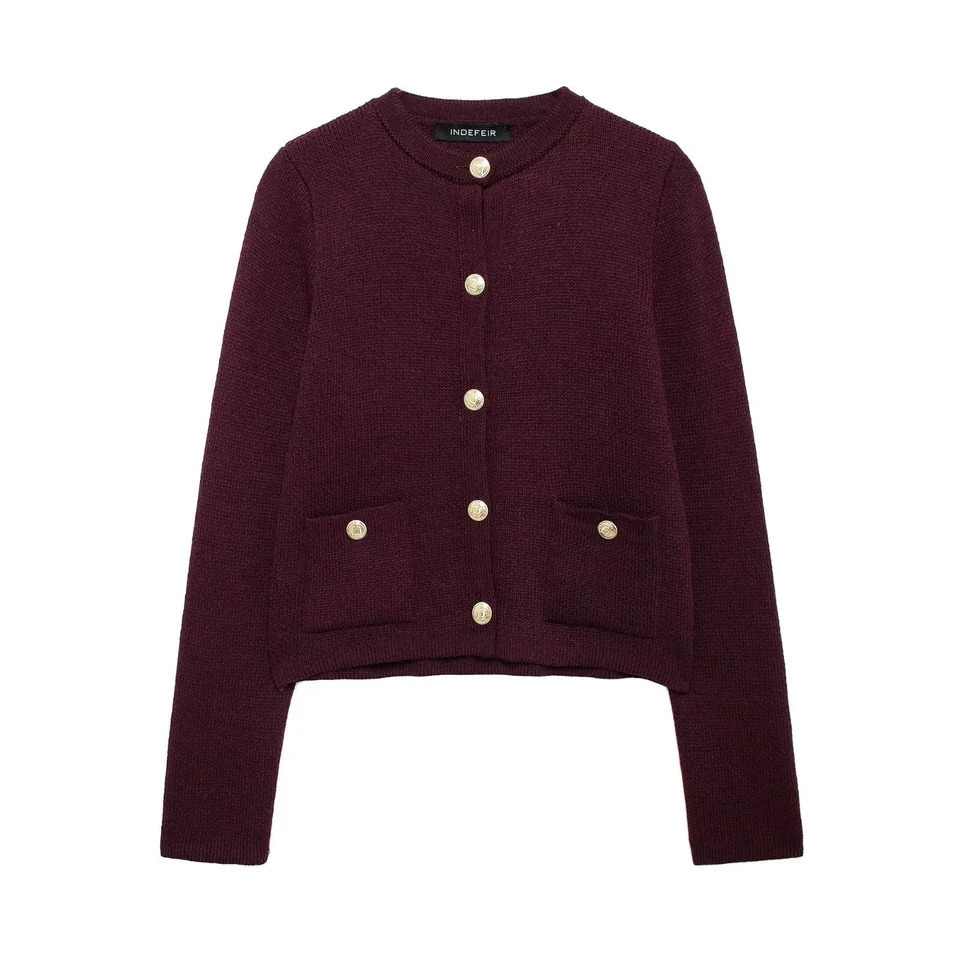 Indefeir Womens Fashionable Gold Buttoned Knitted Jacket 250106