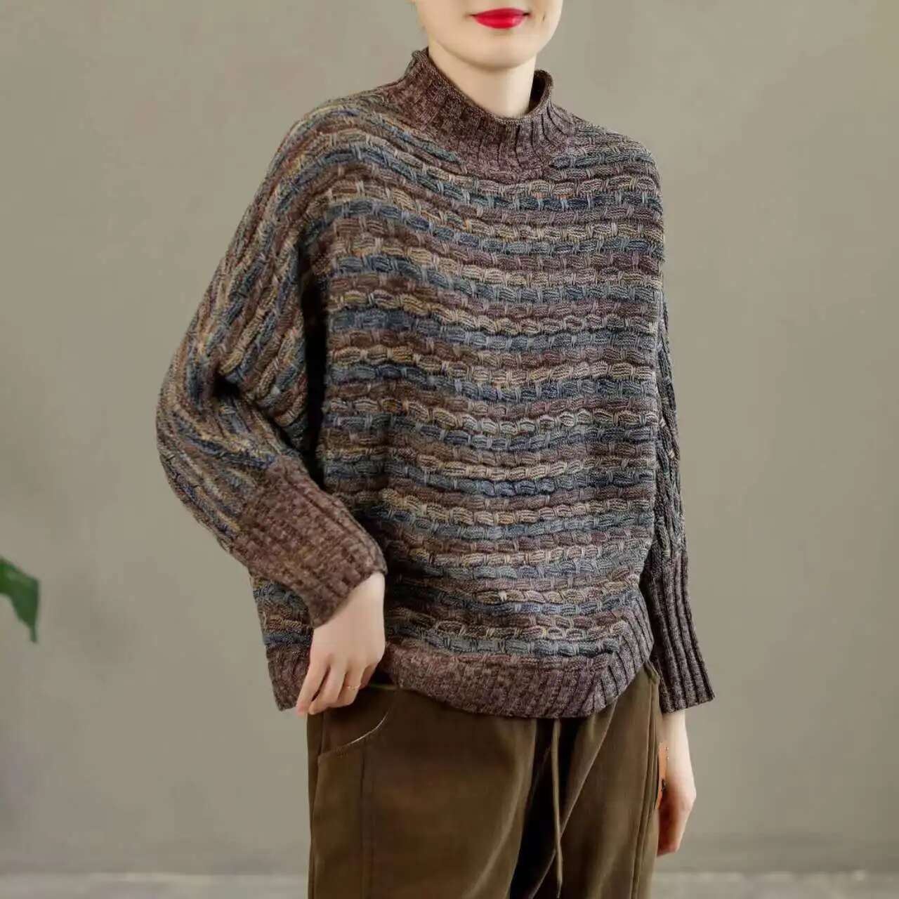 Johnature Women Vintage Striped Cardigan O-Neck Bat Sleeve Loose Autumn Coats 2024 New Cotton Knitted Sweaters