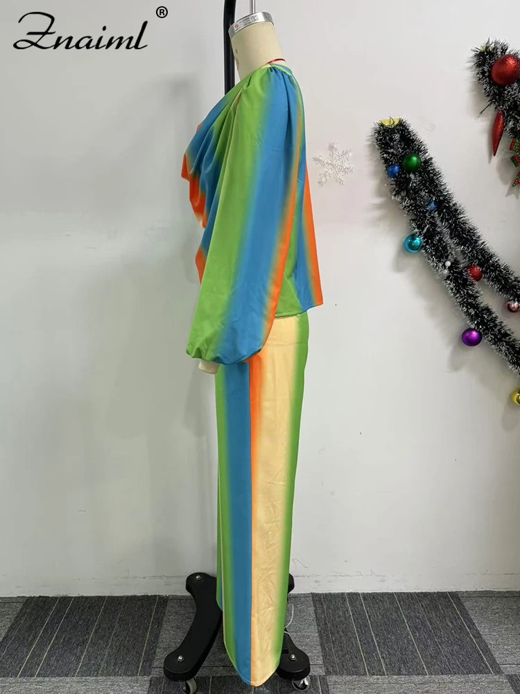 Znaiml Lantern Sleeve Top and Wide Leg Pants Two Piece Set Rainbow Gradient Print Women Outfits Elegant Office Birthday Party 250106