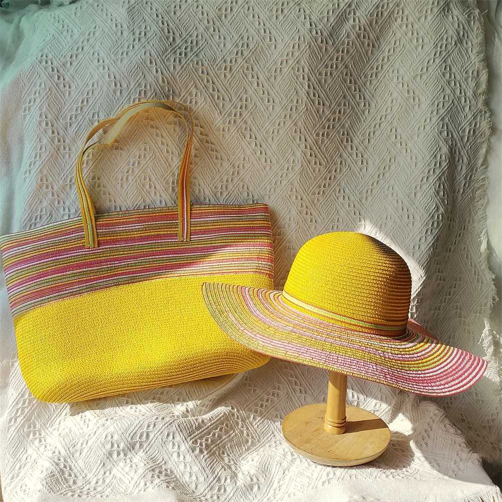 Hat and bag set Warm striped design summer straw hat travel bag fashionable and breathable straw hat womens beach sun hat X250109