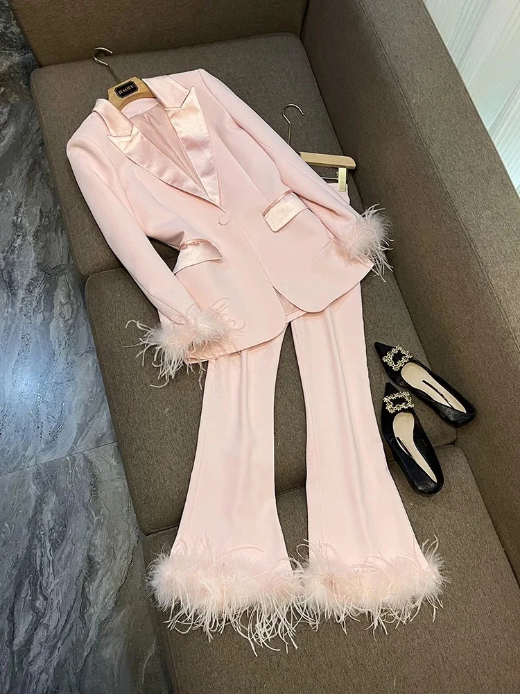 Blazer PantSuits White Real Feathers Sleeve Single Button Party Office Business Wear Suit Lapel Jacket Pants Two Piece Sets 250106
