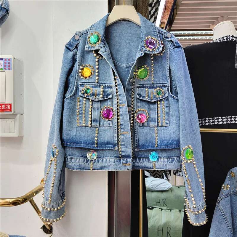 Women Dias Short Denim Bomber Coat Rivet Beaded Jeans Jacket Rhies Cardigan Lapel Long Sleeve Streetwear Tops