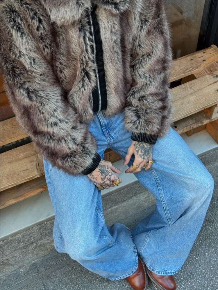 Patchwork Zipper Coat Leather Edge Contrast Color Fur Effect Jacket Maillard Women's Short Overcoat Winter Vintage Outwear