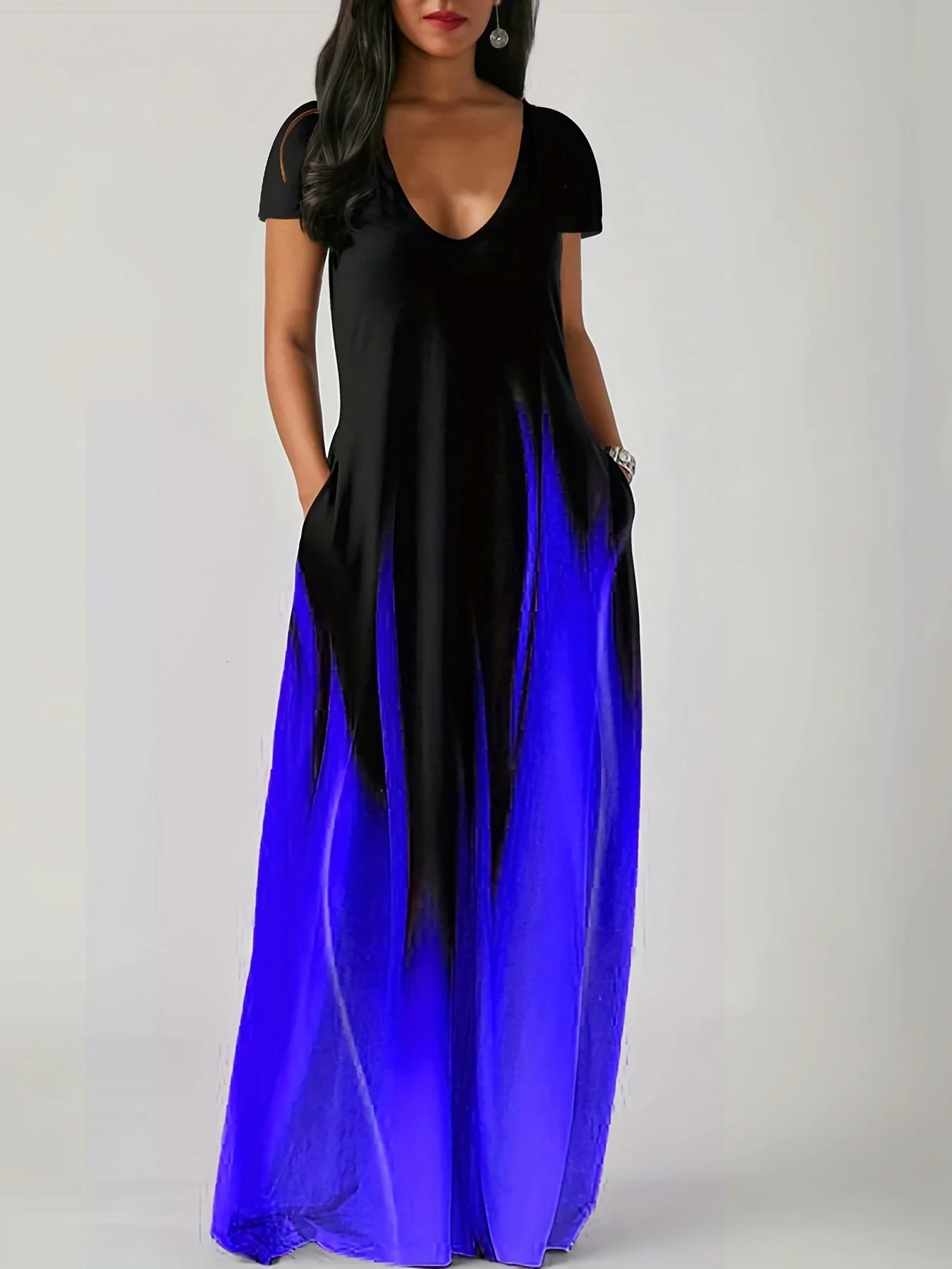 Summer Loose Print Casual Womens Dress Pocket Long 250106