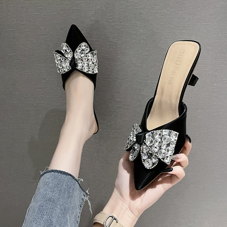 Women Slippers Fashion High Heel Sandals New Trendy Butterfly hot Knot Dia Pointed Toe Triple Black Beige Free shipping