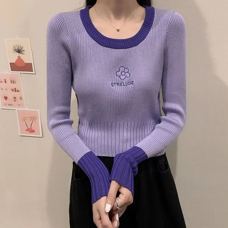 Spring Autumn Screw Thread Letter Flower y Womens Clothing Pullover Long Sleeve Sweater Knitted Round Neck Tops 250108