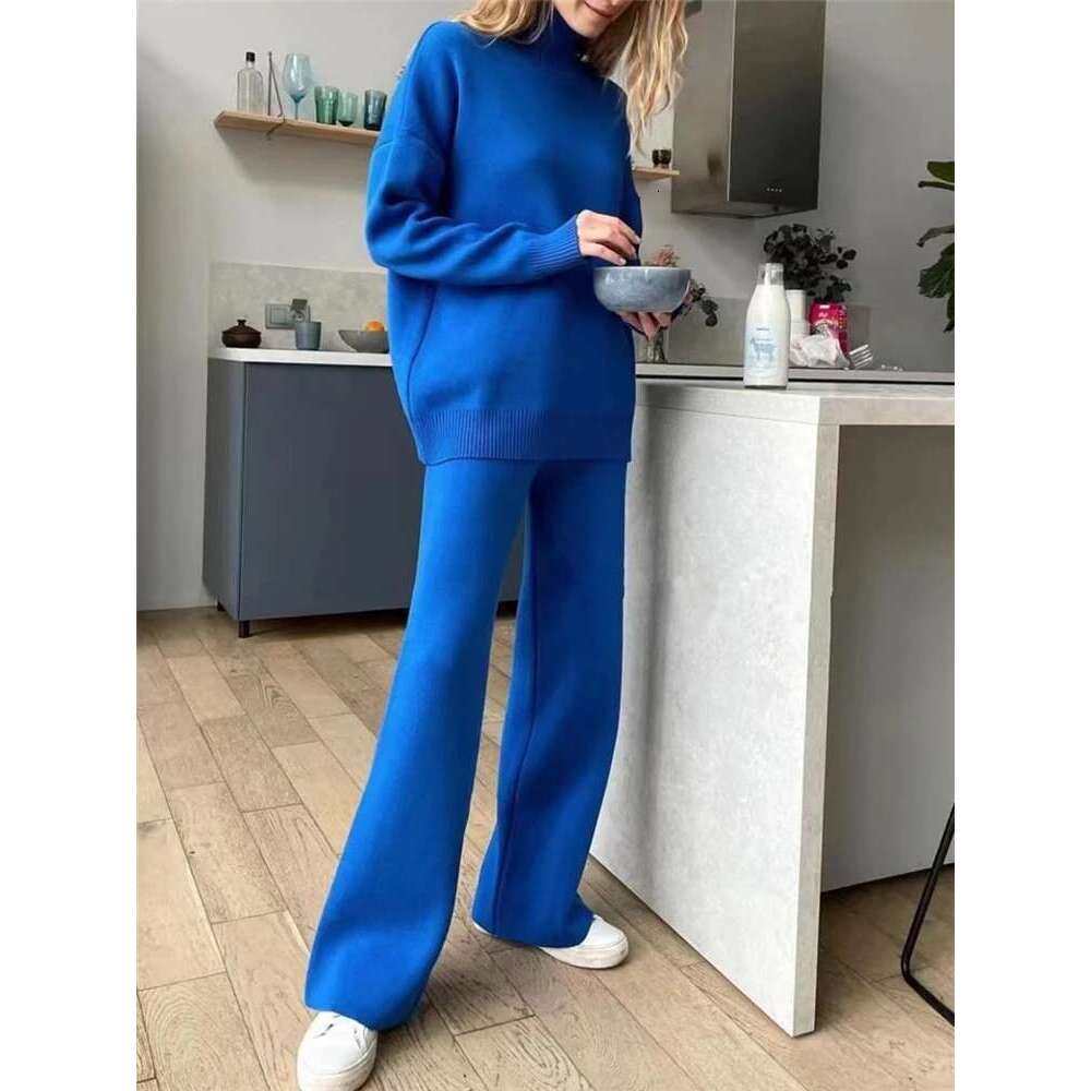 Women's Wear Autumn Winter 2 Pieces Women Sets Knitted Tracuit Turtleneck Sweater And Straight Jogging Pants Suits