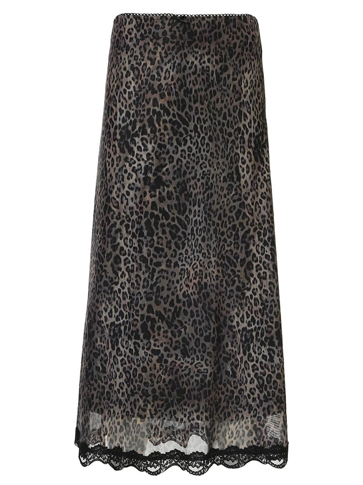Retro Brown Leopard Y2K Long Skirts Women Lace Trim Hem Two Layers Mesh Vintage Aesthetic Elegant Fashion Clothing 250106