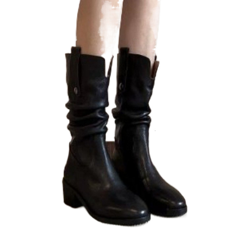 Retro Western Cowboy Boots Autumn/Winter New Round Head Thick Heel Stacked Boots Long Leg Knight Boots British Style Boots