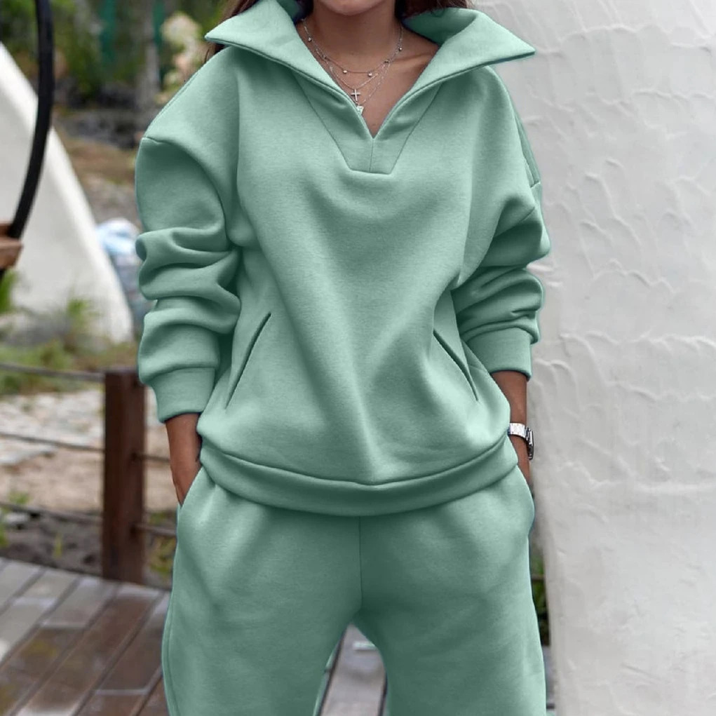 Women Tracksuit Set Plus Fleece Sweatshirts Two Piece Autumn Winter Casual Oversized Solid Female Sports Suit Long Pant 250106