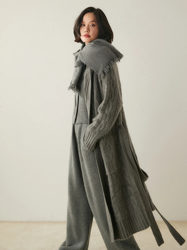Womens 100% Cashmere Sweater Long Cable Knitting Cardigan Thick Hoodie Casual Style Cashmere Knitted Coat Autumn Winter 250106