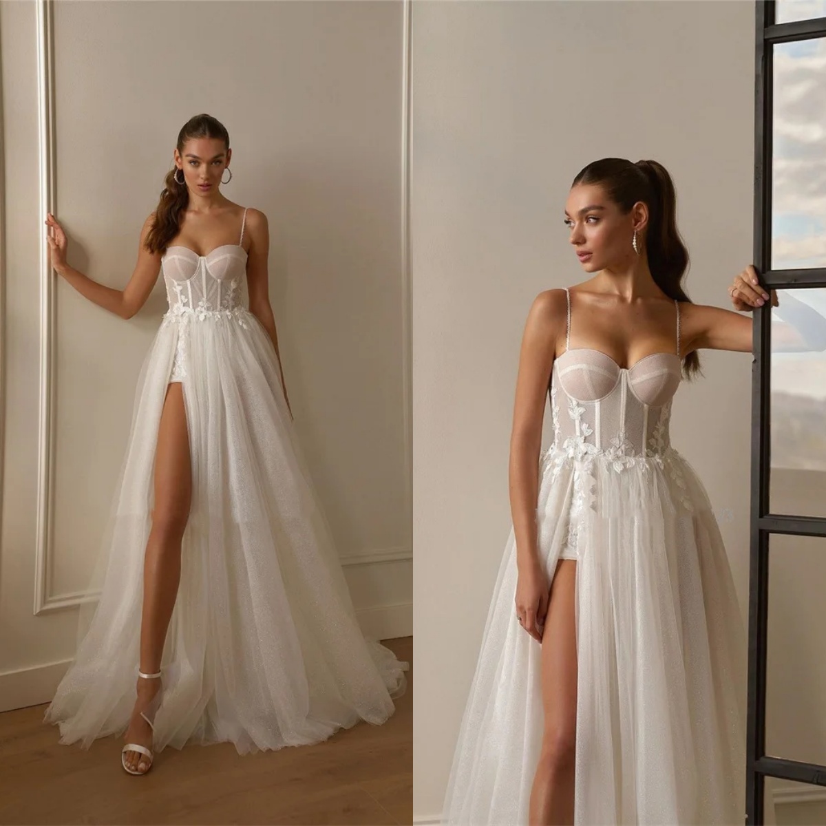 A-e Bridal Dress with Sequins and Appliques - Spaghetti Strap Sweetheart Neck Split Side Gown, Sweep Train, Customizable