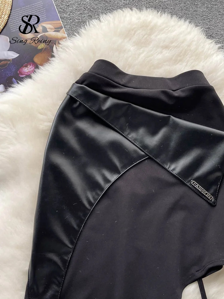 SINGREINY Female PU Leather Sexy Skirt Patchwork Elastic Waist Slin Sheath Mini Streetwear Korean Club Sensual Skirts 250106