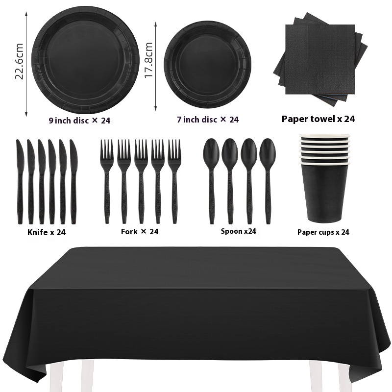 Hot selg solid color set, black tablecloth, paper cup, tissue, disposable party supplies