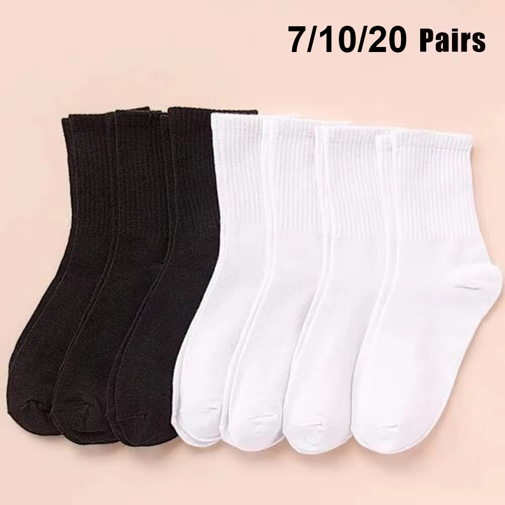 7/10/20 Pairs Mid Length Socks Women Classic Black White Solid Color Fashionable Casual Sports Absorbing Breathable Men Socks