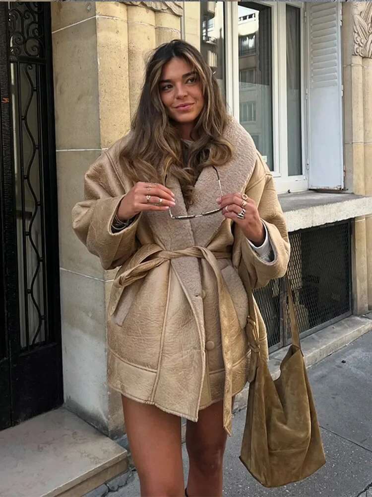 Faux Wool Leather Coats With Belt For Women Loose Lapel Pocket Long Sleeve Overcoat 2024 Female Autumn Winter Warm Streetwear
