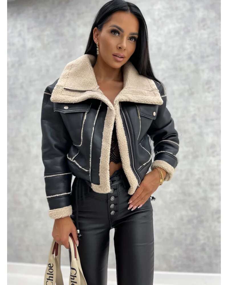 Faux Leather Jackets Women PU Short Thick Warm Black Outwear Female Aviator Retro Lapel Veet Coat New Year Winter Tops