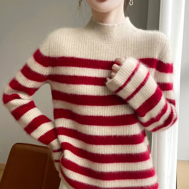 Autumn and Winter 7Pin Thickened Womens Sweater 100% Pure Wool MockNeck Stripes Knitwear Comfortable Warm Pullover 250108