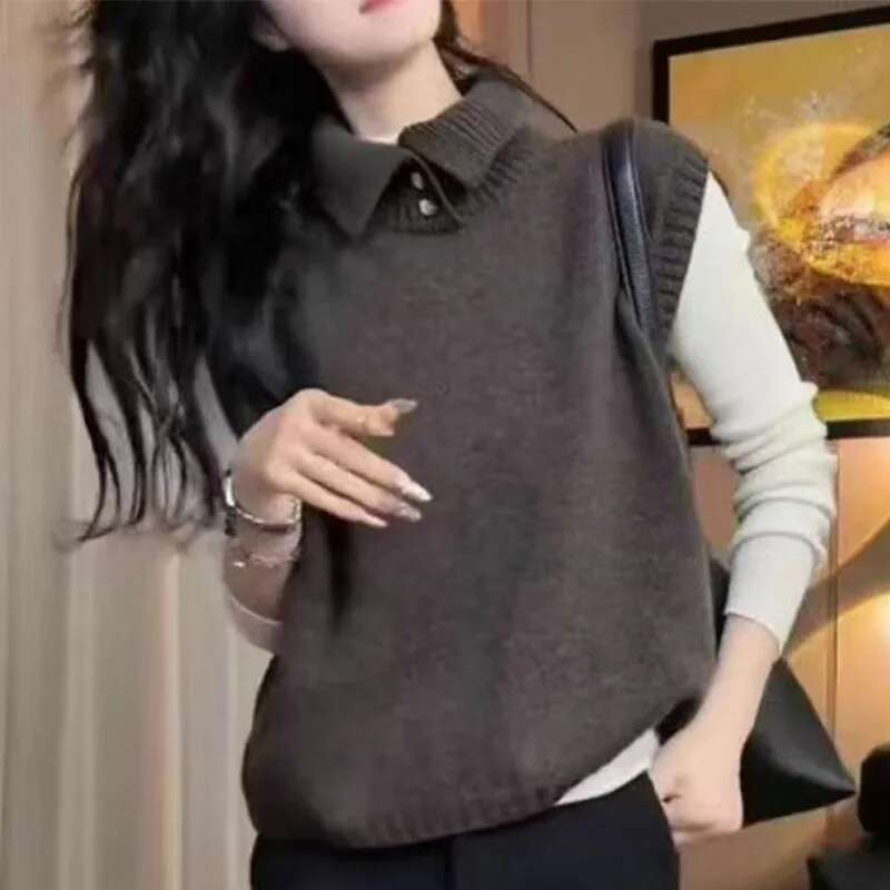 French Style Outerwear Vest, Semi Open High Neck Knitted Sweater, Women's Early Autumn Winter Warm Pullover Wool Sleeveless Top