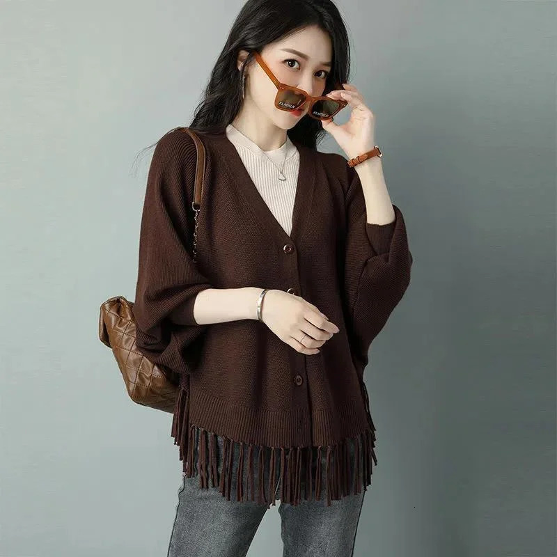 Fringed Bat Shirt Knit Cardigan Women Fashion Loose Coat Spring Autumn Short Jacket Foreign Sweater Outerwear Female Top 250108