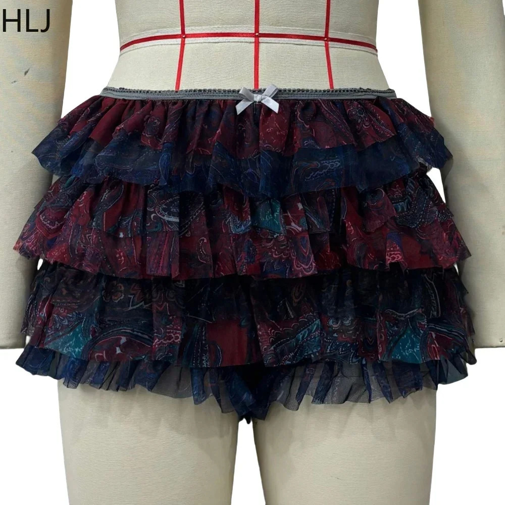 HLJ Y2K Fashion Trend Multicolour Two Piece Sets Women Round Neck Mesh Long Sleeve Crop Top And Ruffle Lace Mini Skirts Outfits 250106