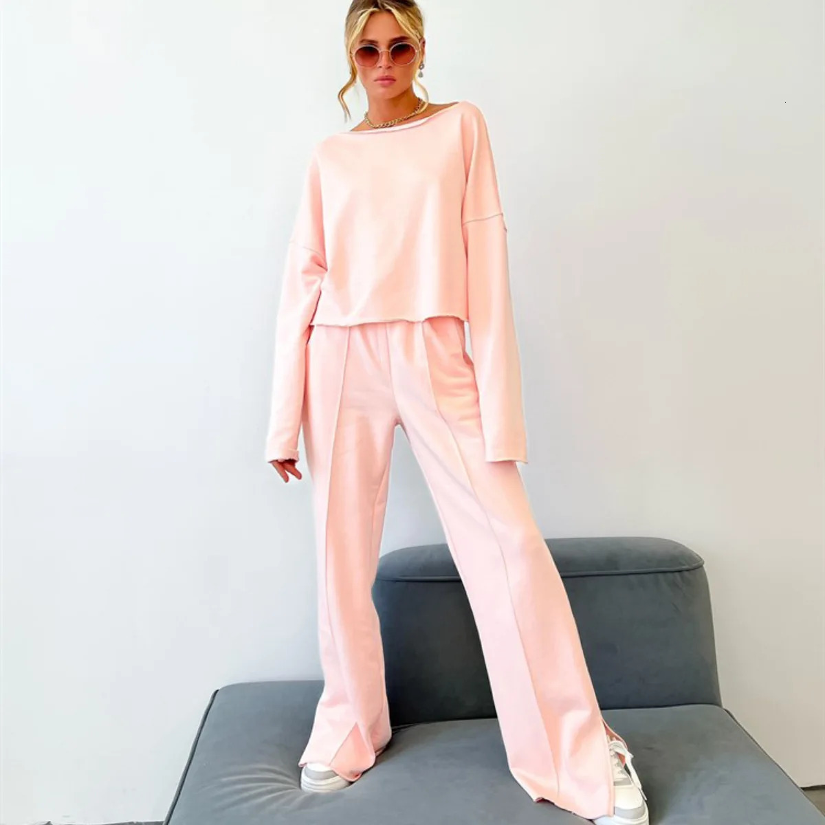 Womens Autumn 2 Piece Outfits O-neck Long Sleeve Tops Loose Wide Leg Pants Lounge Sets Straight Trousers Suit Ropa Mujer 250109