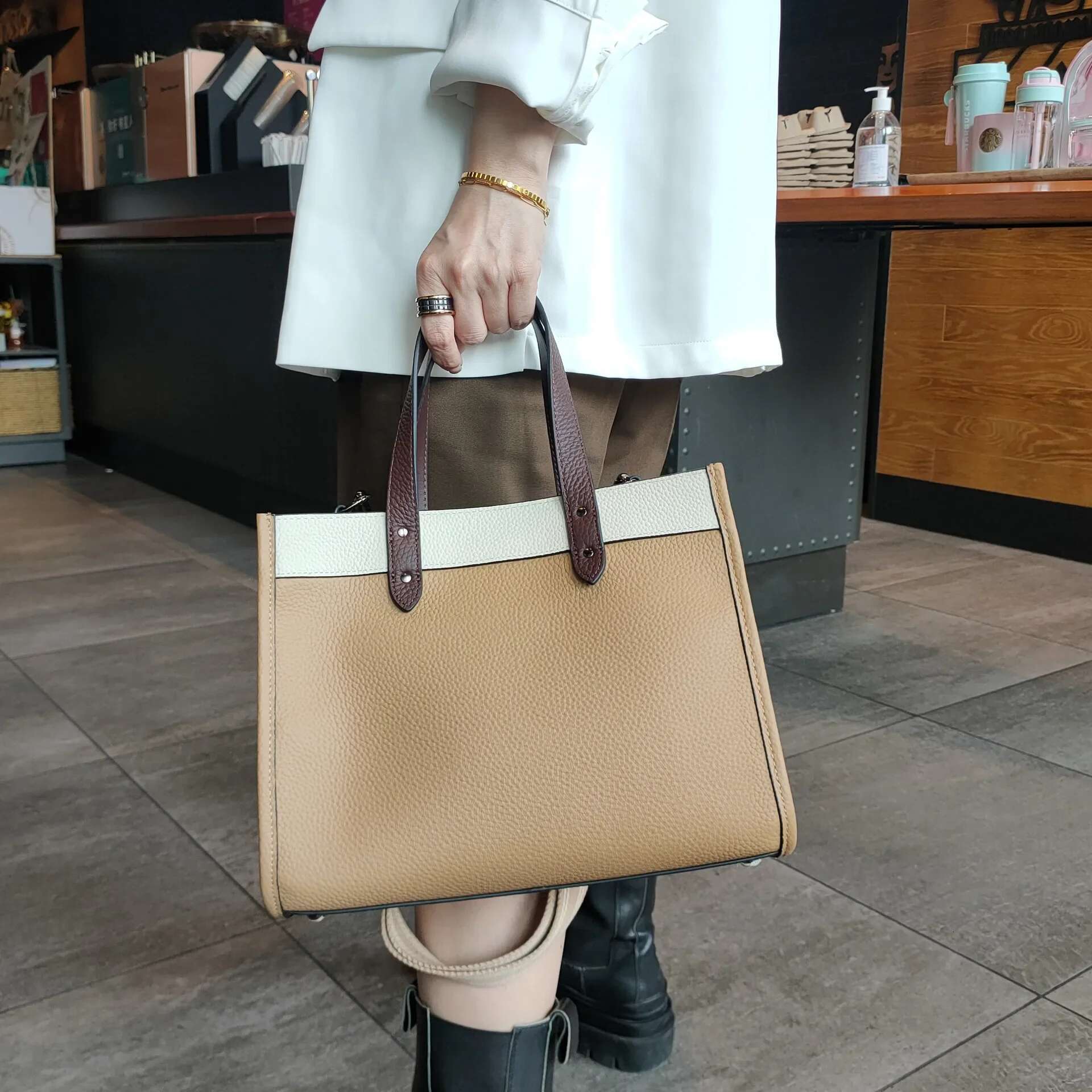 Panelled Hit Color Fashion Tote 100% Natural COW Leather Women Handbag Business OL Style Wide Strap Office Girl Shoulder Bag