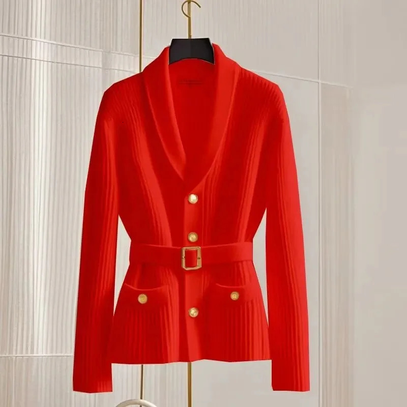 Fashion Eurndown VNeck Cardigan Sweaters Jacket Womens Autumn Elegant Casual Coat Female Slim Knitted Ladies Top 250108