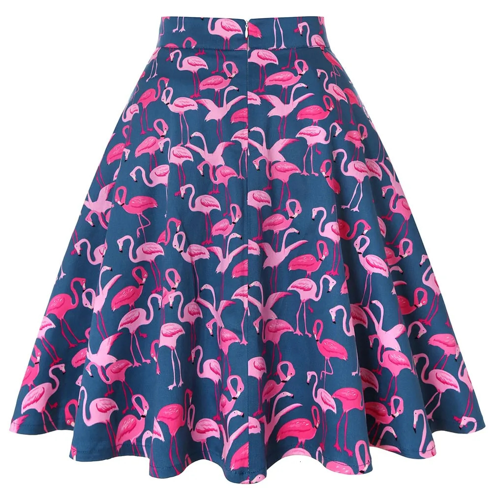Cotton Women Retro Pleated Skirts 50s Kawai Vintage Rockabilly Swing Flamingo Printed High Waist Casual Tutu Summer Skater Blue 250106