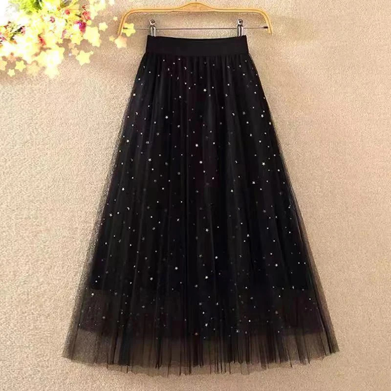 Spring Summer High Waist Elegant Sequins Mesh Skirt Ladies Temperament Allmatch Fairy Ankle Length Aline Skirts Female Clothes 250106