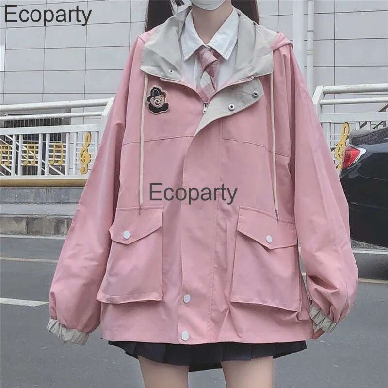 Women's Wear Kawaii Jacket For Women Autumn Pink Preppy Style Oversized Hooded Coat Korean Fashion Casual Outwear Girls