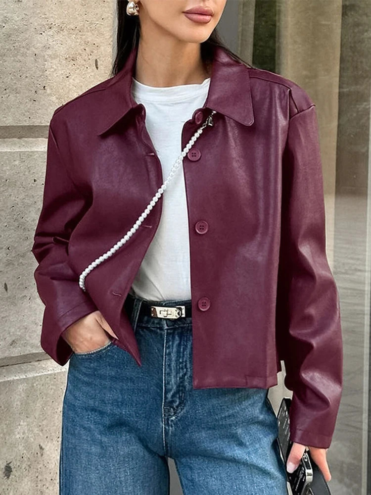 Vintage Burgundy Leather Jacket Street Laple Single Breasted Full Sleeve Lady Coats 2025 Spring Fashion Female Outwears 250103