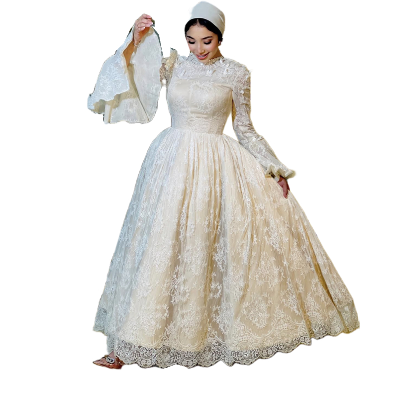 Modest Arabic Muslim Lace Prom Dresses With Flare Sleeves Butterfly Appliques Pearls Beaded Jewel Neck A-Line Floor Length Evening Gowns For Women
