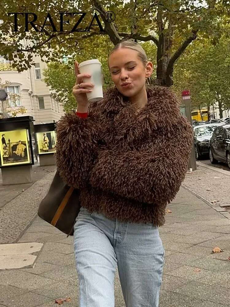 TRAFZA Female High Street Faux Fur Loose Warm Brown Turn Down Collar Long Sleeves Winter Thick Coats Woman 2024 Trendy
