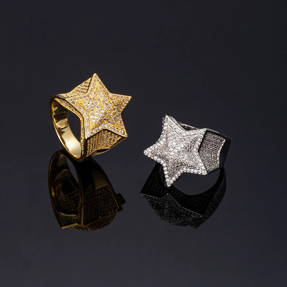 HipHop Jewelry Men Women High Quality Star Rings Brass Gold Plated Iced Out Zircon Micro Paved Solid Pentagram FivePointed Ring 250109