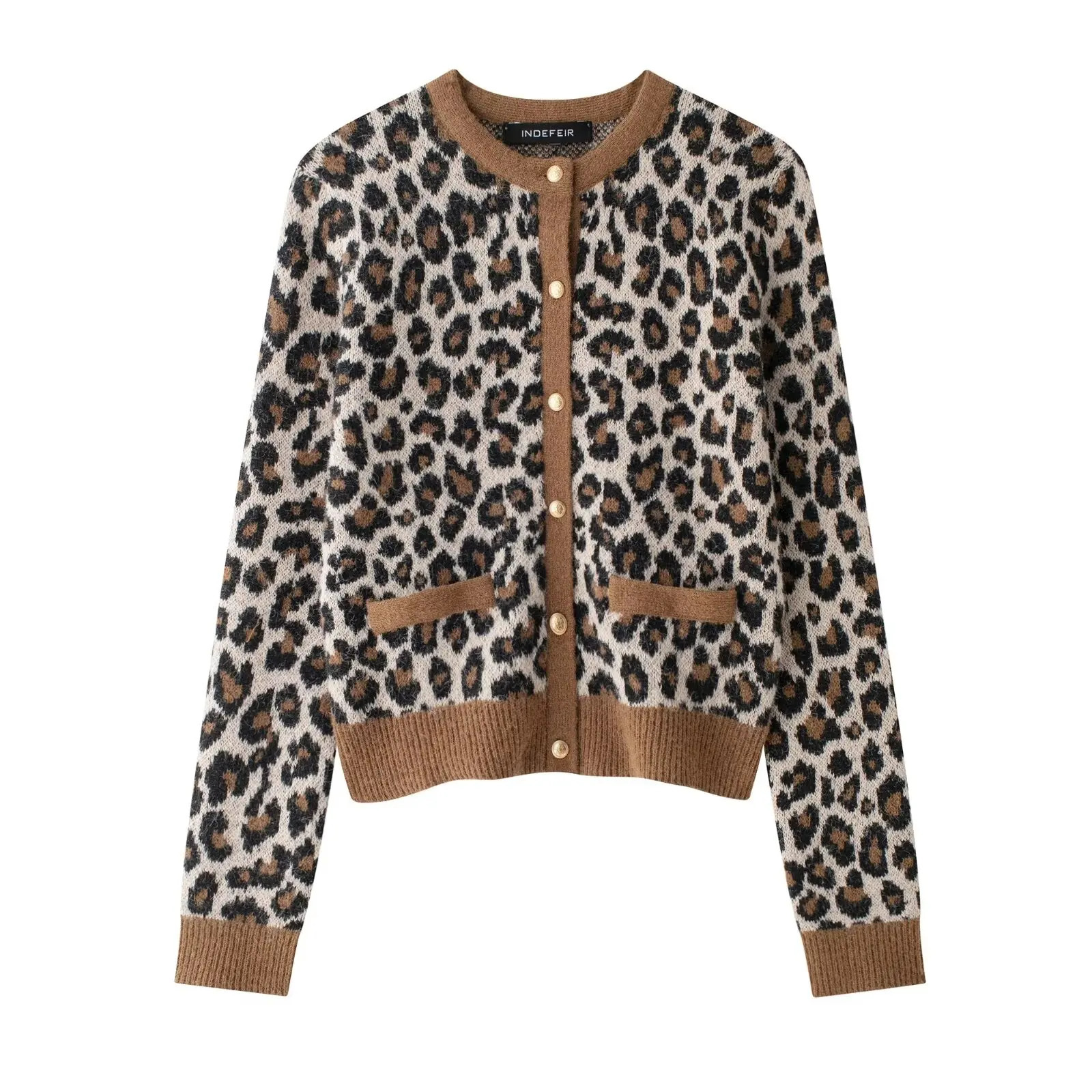 European and American style fashion simple singlebreasted round neck leopard jacquard knitted cardigan womens sweater jack 250108
