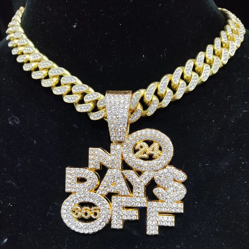 Men Women Hip Hop NO DAYS OFF Pendant Necklace with 13mm Cuban Chain HipHop Iced Out Bling Necklaces Fashion Charm Jewelry 250109