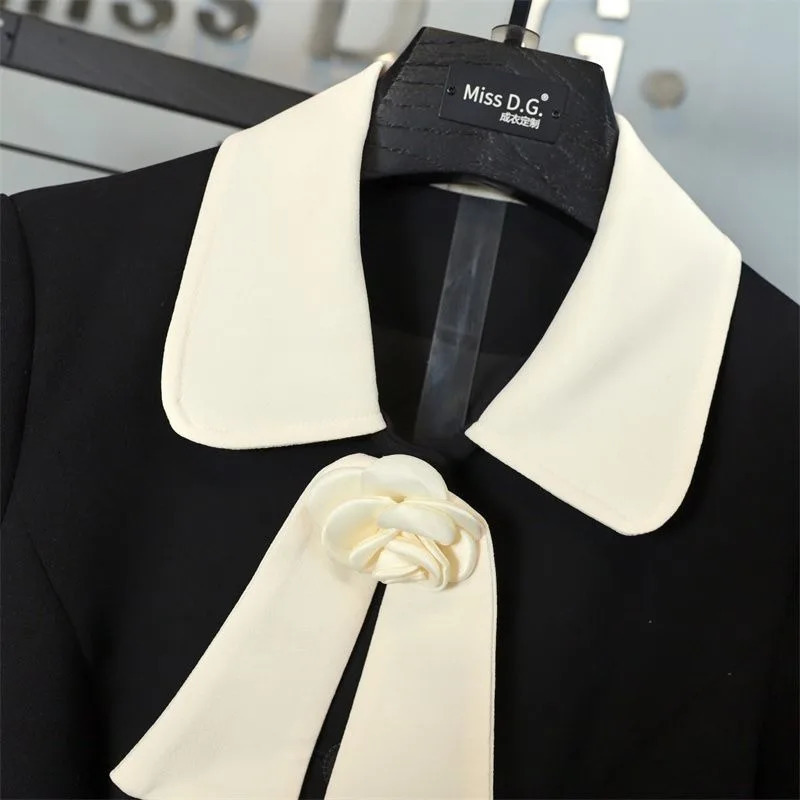 Lnsozkdg Elegant Black Splice Lapel Single Breasted Long Sleeve Contrasting Belt Womens Ruffle Coat Skirt Two Pieces Sets 250106