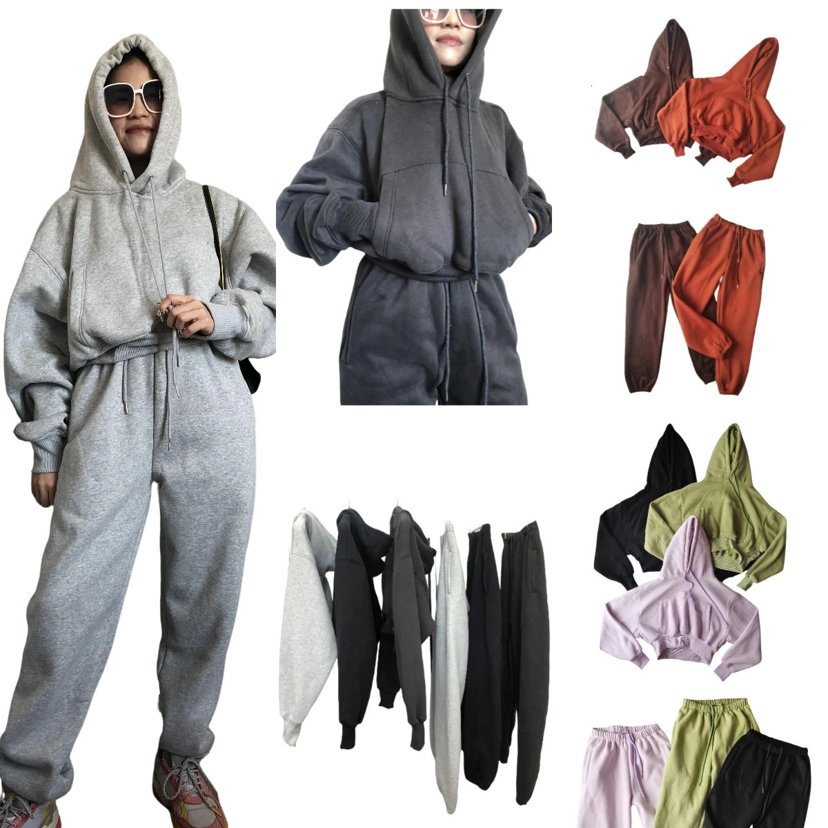 Wholesale Fleece Hoodie with Jogger Pant Sweat Suit Fall Winter 2 Piece Set Tracksuit Women Sports Outfit Two Solid Casual 250106