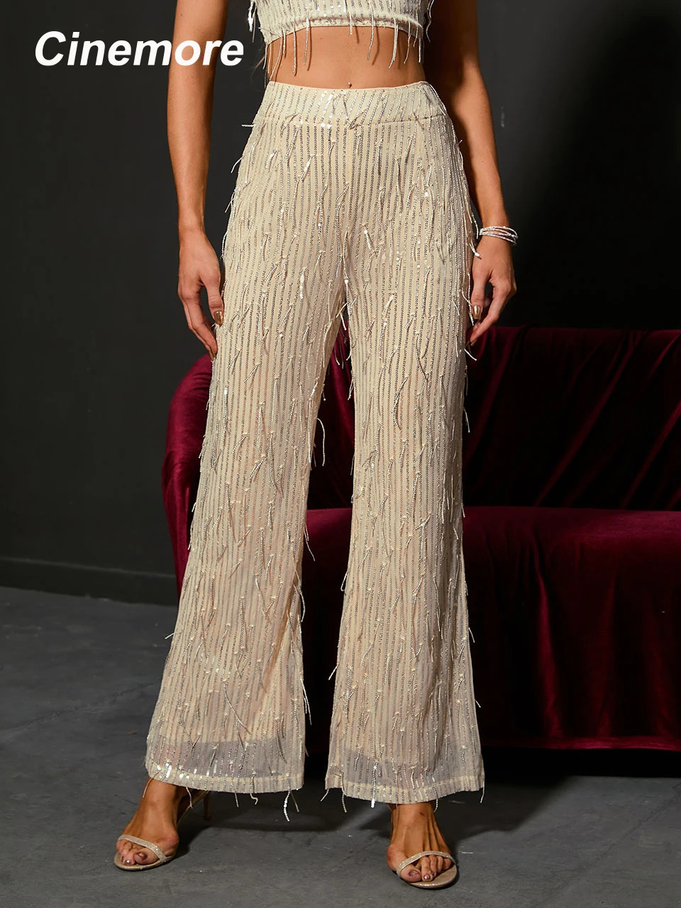 Cinemore Long Pant Sets for Women Two Piece Set Outfit Short Sexy y2k Tops Sequin Pants Straight Leg 250106