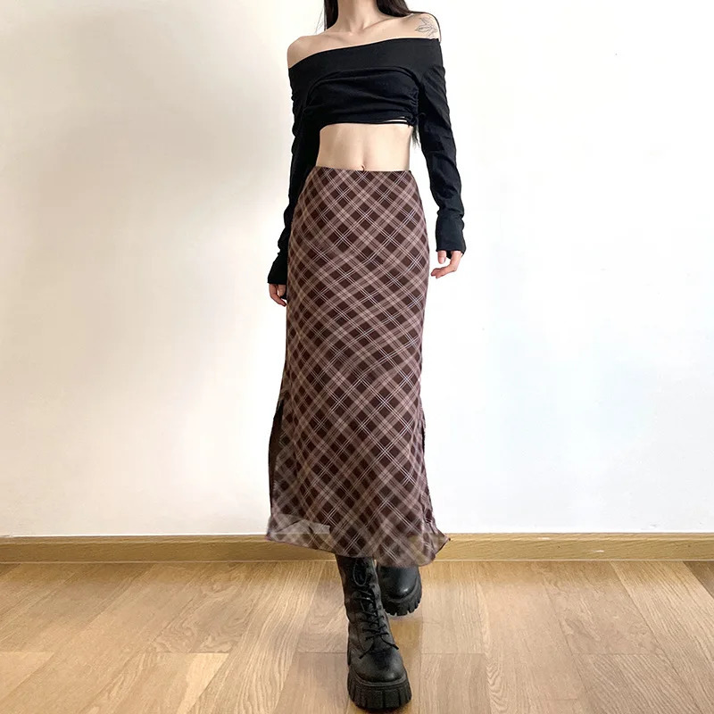 Women Spring Autumn Plaid Print Wrap Hips Skirts Fashion AnkleLength Sexy Slim Pencil Preppy Style Girls Slit Midiskirt 250106