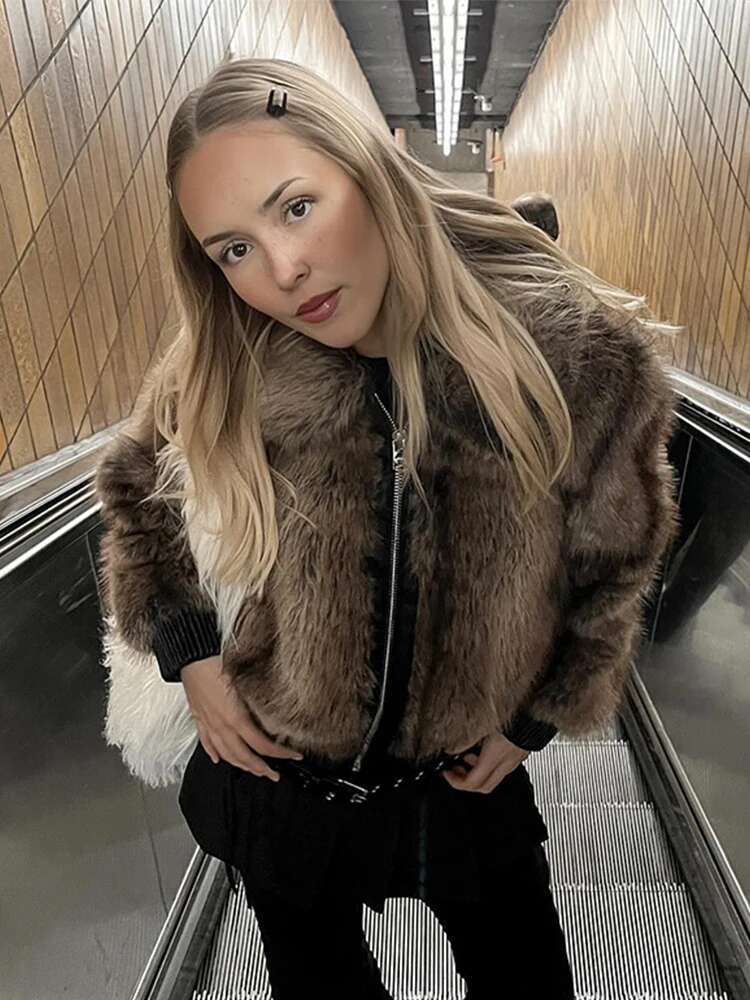 Patchwork Zipper Coat Leather Edge Contrast Color Fur Effect Jacket Maillard Women's Short Overcoat Winter Vintage Outwear