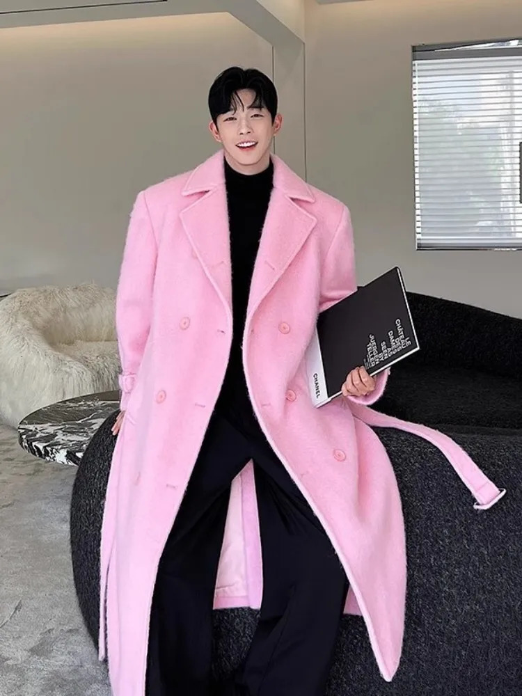 Autumn Winter Thicken Double Breasted Pink Woolen Long Coat Men Solid Color Business Casual n Loose Fit Fashion Overcoat 250106